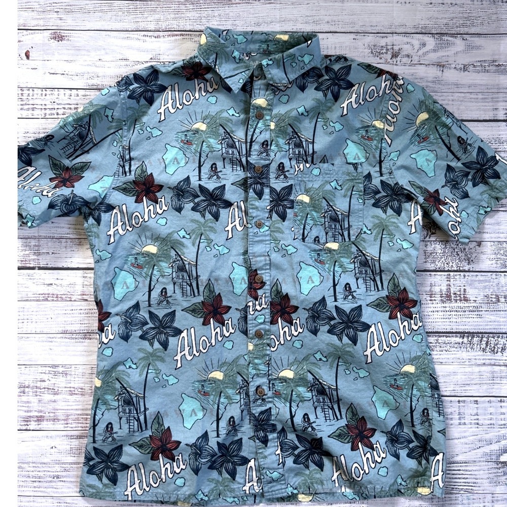 Croft & Barrow Button Down Shirt Mens L Blue Aloha Tropical Palm Tree Floral